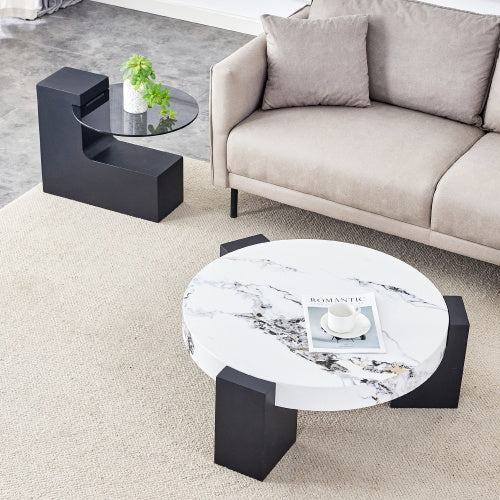 Modern Simple Double-Layer Round Coffee Table - Transparent Gray Glass Top With Black MDF L-Shaped Legs.The Detachable Design Can Make The Use Of Space More Flexible