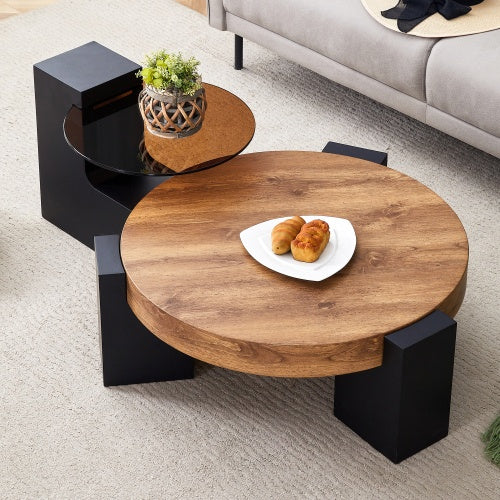 Modern Simple Double-Layer Round Coffee Table - Transparent Gray Glass Top With Black MDF L-Shaped Legs.The Detachable Design Can Make The Use Of Space More Flexible