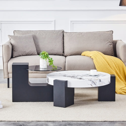 Modern Simple Double-Layer Round Coffee Table - Transparent Gray Glass Top With Black MDF L-Shaped Legs.The Detachable Design Can Make The Use Of Space More Flexible