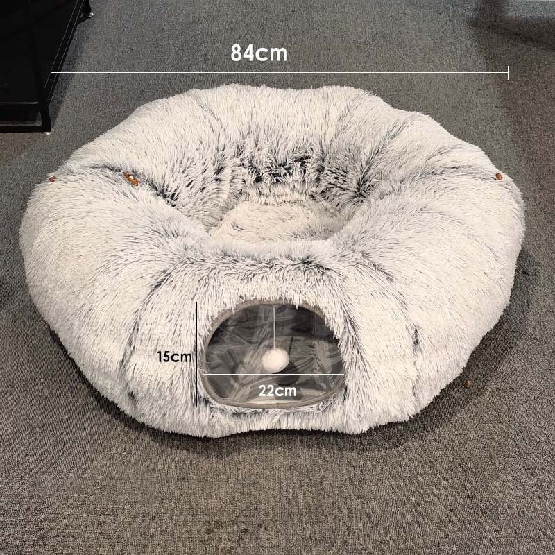 Plush Warm Cat Bed With Tunnel For Indoor Cats Collapsible Donut Cat Playing Sleeping Cave Non-slip Kitten Nest Pet Supplies