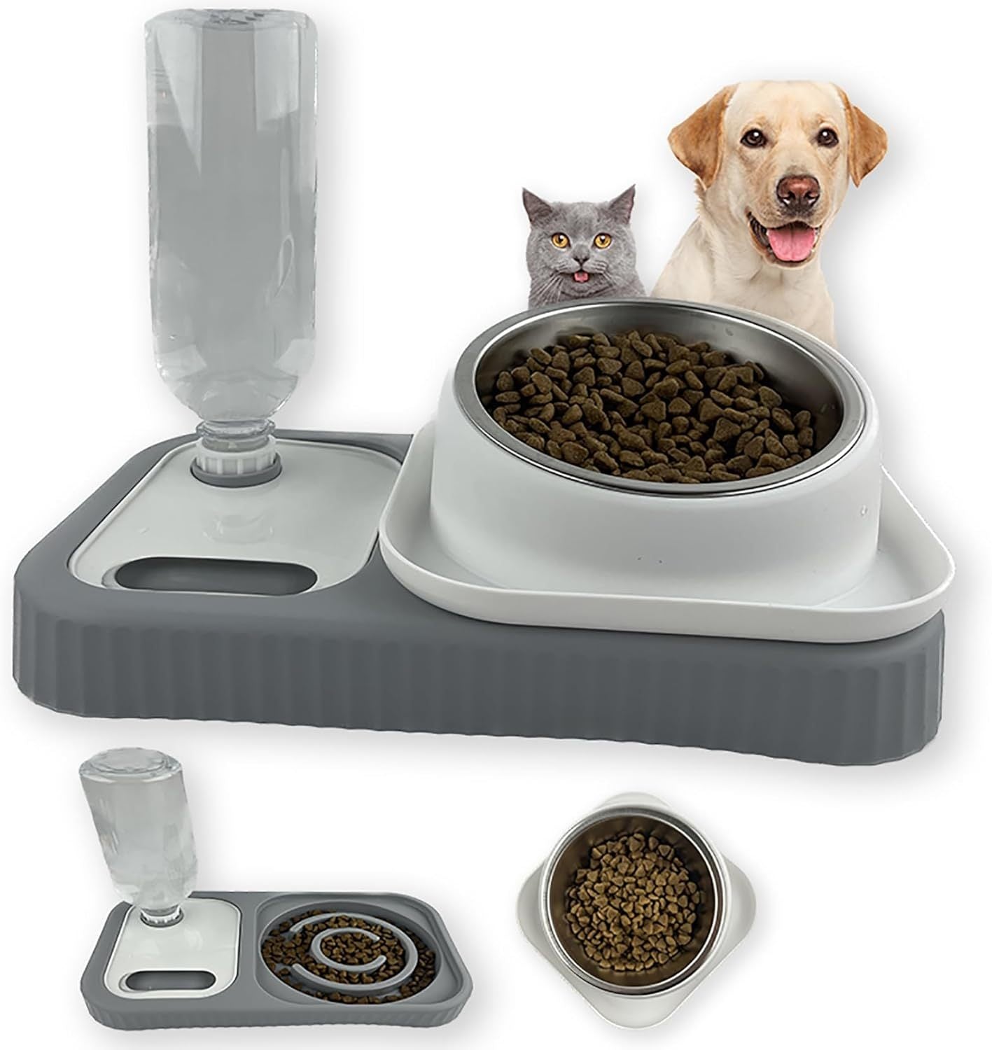 Cat Dog Food And Water Bowl Set Double Food Bowls With Automatic Gravity Water Bottle Raised Slow Feeder Detachable Stainless Steel Bowl 15Tilt Elevated No Spill Dispenser