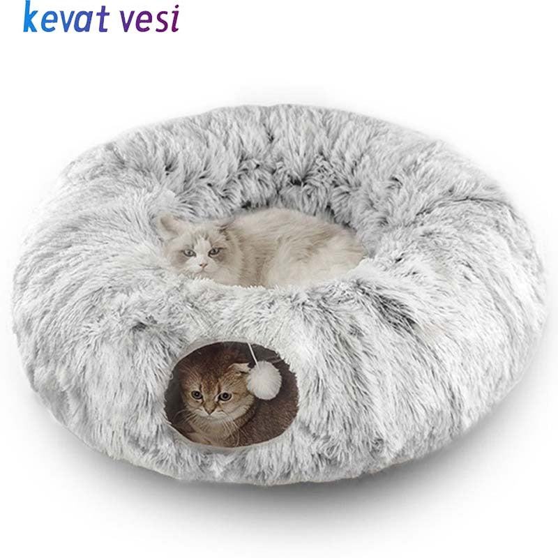 Plush Warm Cat Bed With Tunnel For Indoor Cats Collapsible Donut Cat Playing Sleeping Cave Non-slip Kitten Nest Pet Supplies