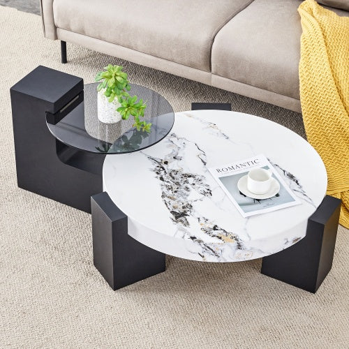 Modern Simple Double-Layer Round Coffee Table - Transparent Gray Glass Top With Black MDF L-Shaped Legs.The Detachable Design Can Make The Use Of Space More Flexible