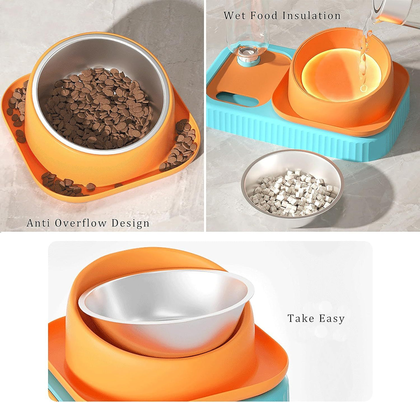 Cat Dog Food And Water Bowl Set Double Food Bowls With Automatic Gravity Water Bottle Raised Slow Feeder Detachable Stainless Steel Bowl 15Tilt Elevated No Spill Dispenser