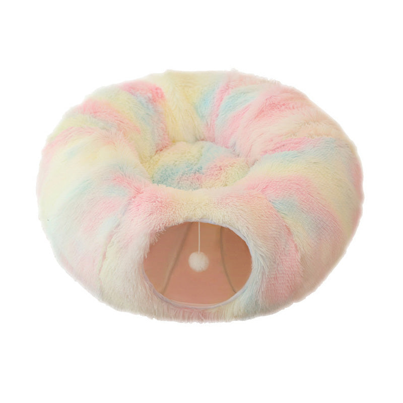 Plush Warm Cat Bed With Tunnel For Indoor Cats Collapsible Donut Cat Playing Sleeping Cave Non-slip Kitten Nest Pet Supplies