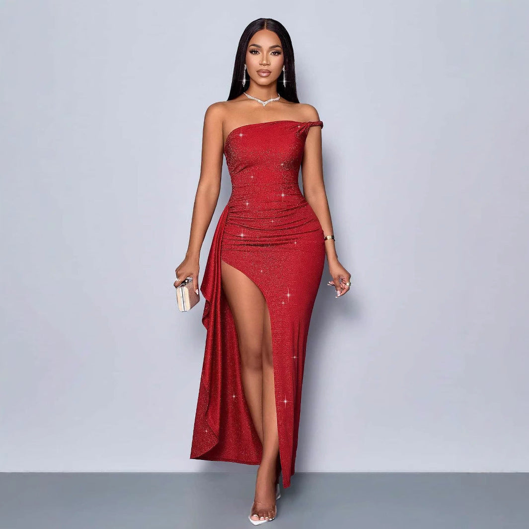 Luminous Red Asymmetric Shoulder Strap Height Side Split Dress