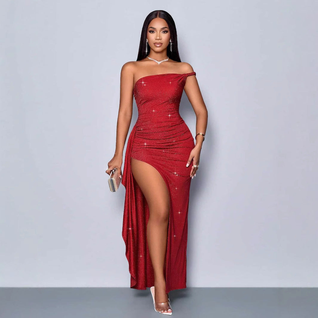 Luminous Red Asymmetric Shoulder Strap Height Side Split Dress