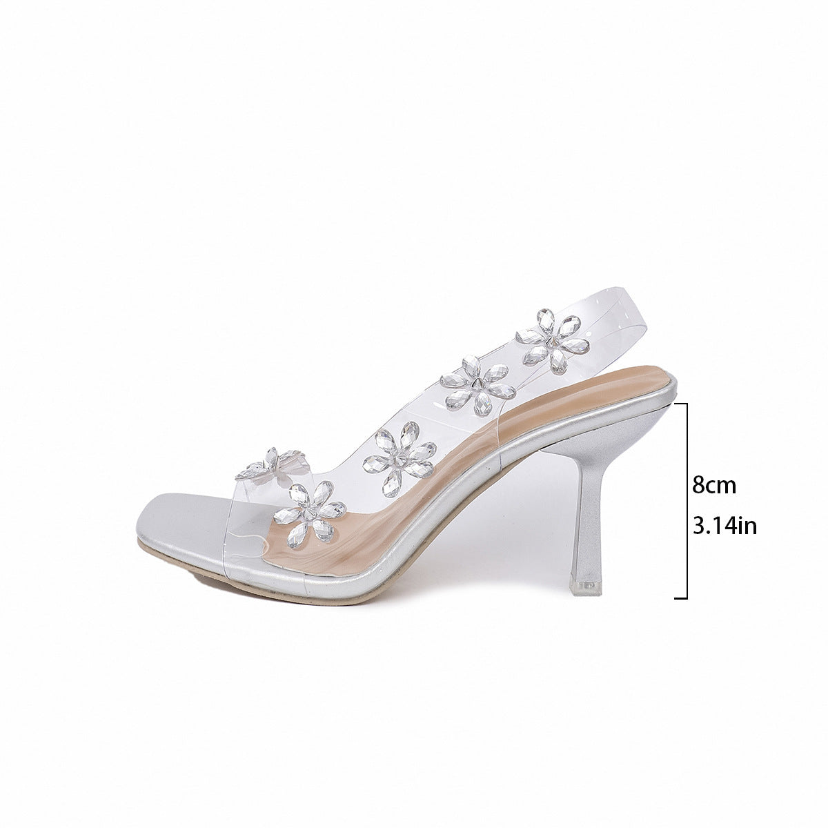 Square Toe Rhinestone Sandals With Transparent Strap Summer High Heels Shoes