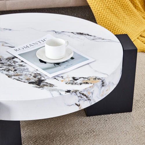 Modern Simple Double-Layer Round Coffee Table - Transparent Gray Glass Top With Black MDF L-Shaped Legs.The Detachable Design Can Make The Use Of Space More Flexible