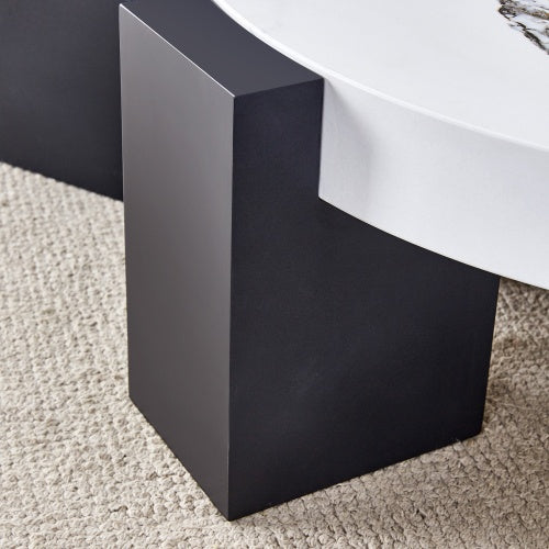 Modern Simple Double-Layer Round Coffee Table - Transparent Gray Glass Top With Black MDF L-Shaped Legs.The Detachable Design Can Make The Use Of Space More Flexible