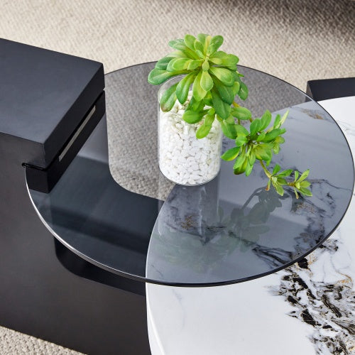 Modern Simple Double-Layer Round Coffee Table - Transparent Gray Glass Top With Black MDF L-Shaped Legs.The Detachable Design Can Make The Use Of Space More Flexible