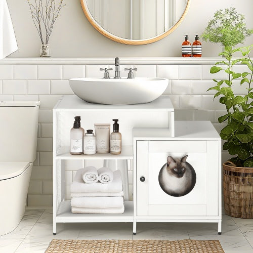 Cat Litter Box Enclosure For Bathroom, Hidden Litter Pet Washroom With Divider, Indoor Cat House For Large Cats, White