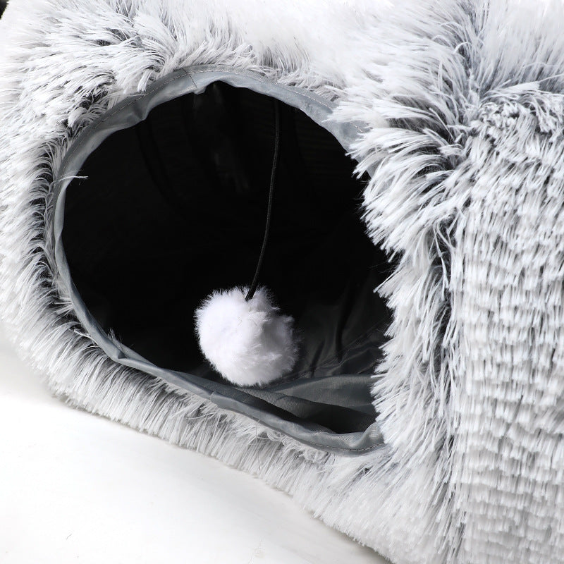 Plush Warm Cat Bed With Tunnel For Indoor Cats Collapsible Donut Cat Playing Sleeping Cave Non-slip Kitten Nest Pet Supplies