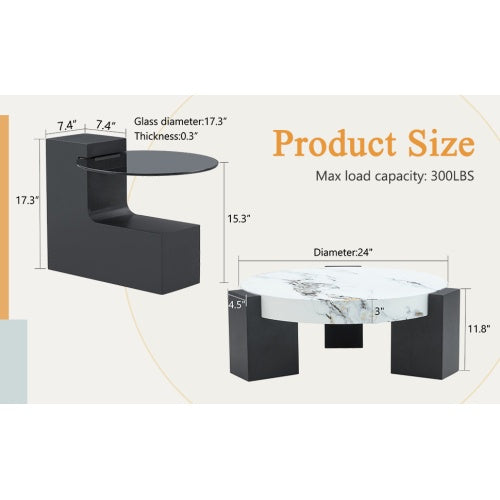 Modern Simple Double-Layer Round Coffee Table - Transparent Gray Glass Top With Black MDF L-Shaped Legs.The Detachable Design Can Make The Use Of Space More Flexible