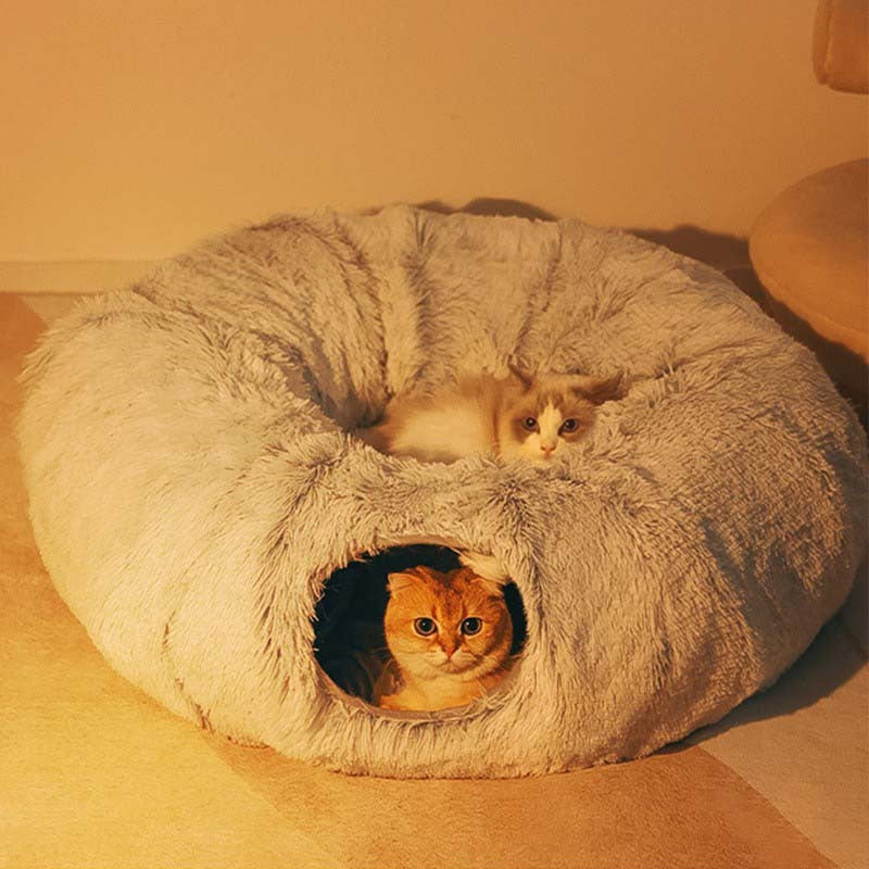 Plush Warm Cat Bed With Tunnel For Indoor Cats Collapsible Donut Cat Playing Sleeping Cave Non-slip Kitten Nest Pet Supplies