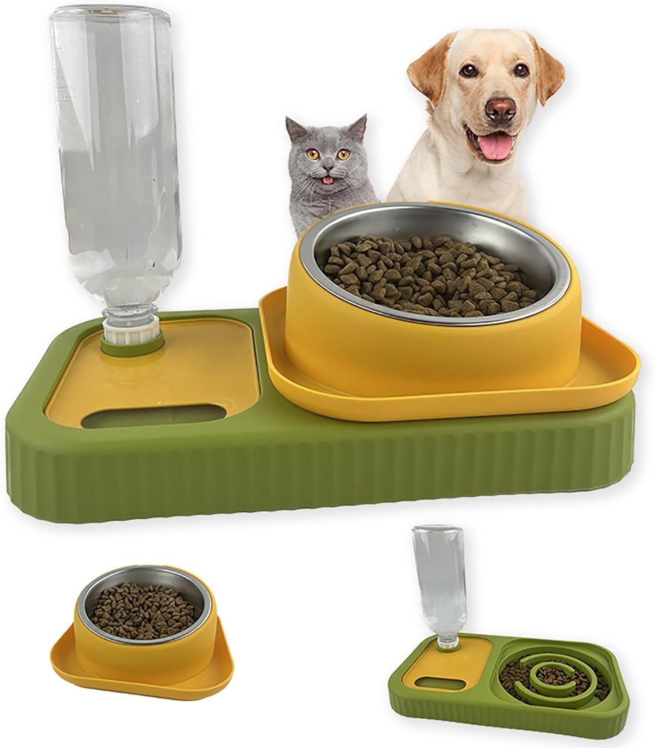 Cat Dog Food And Water Bowl Set Double Food Bowls With Automatic Gravity Water Bottle Raised Slow Feeder Detachable Stainless Steel Bowl 15Tilt Elevated No Spill Dispenser