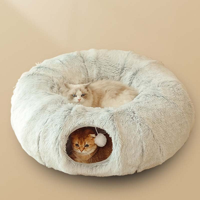 Plush Warm Cat Bed With Tunnel For Indoor Cats Collapsible Donut Cat Playing Sleeping Cave Non-slip Kitten Nest Pet Supplies